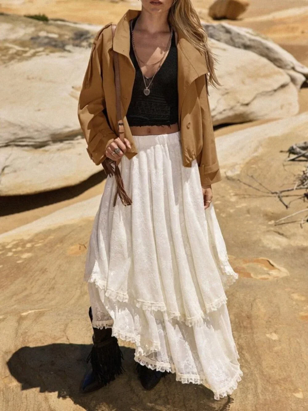 Camel Double-Breasted Cropped Trench Jacket with Belted Cuffs